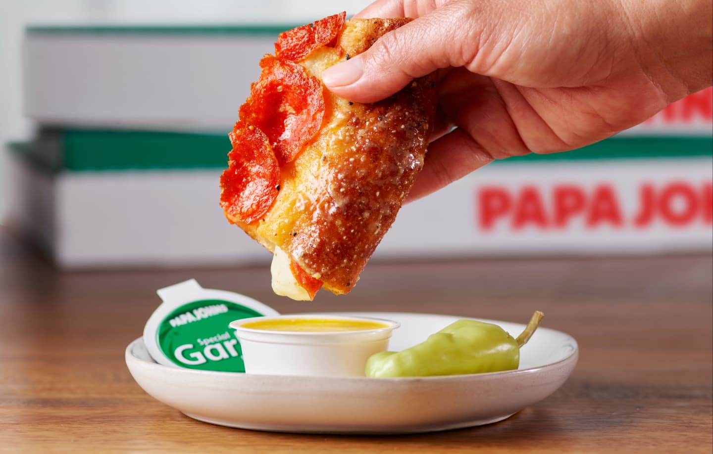 Papa Johns Epic Pepperoni Stuffed Crust Pizza with Garlic Sauce