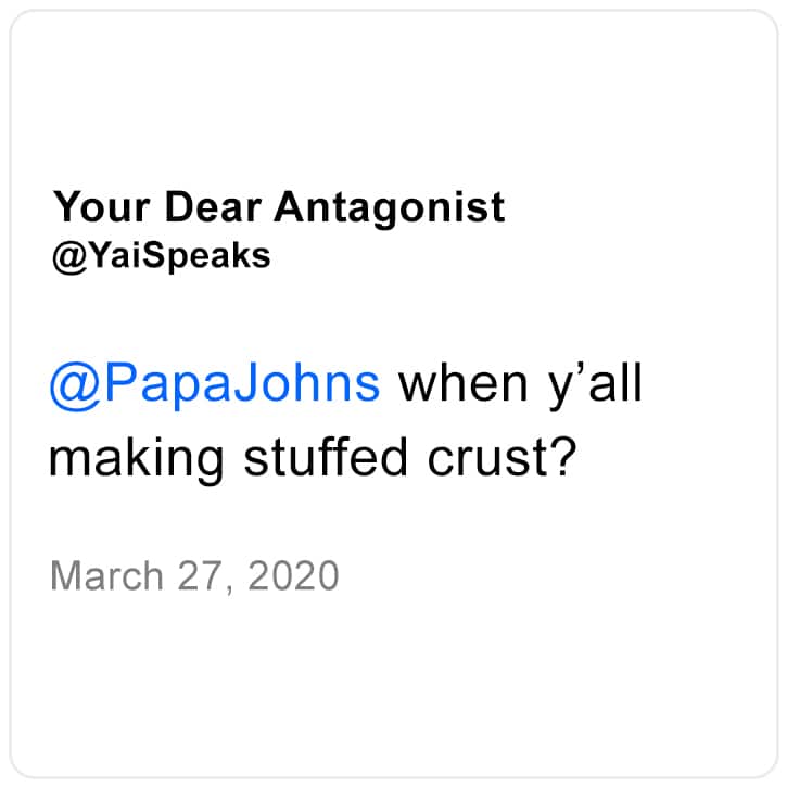 Tweet de YaniSpeaks sobre la Stuffed Crust