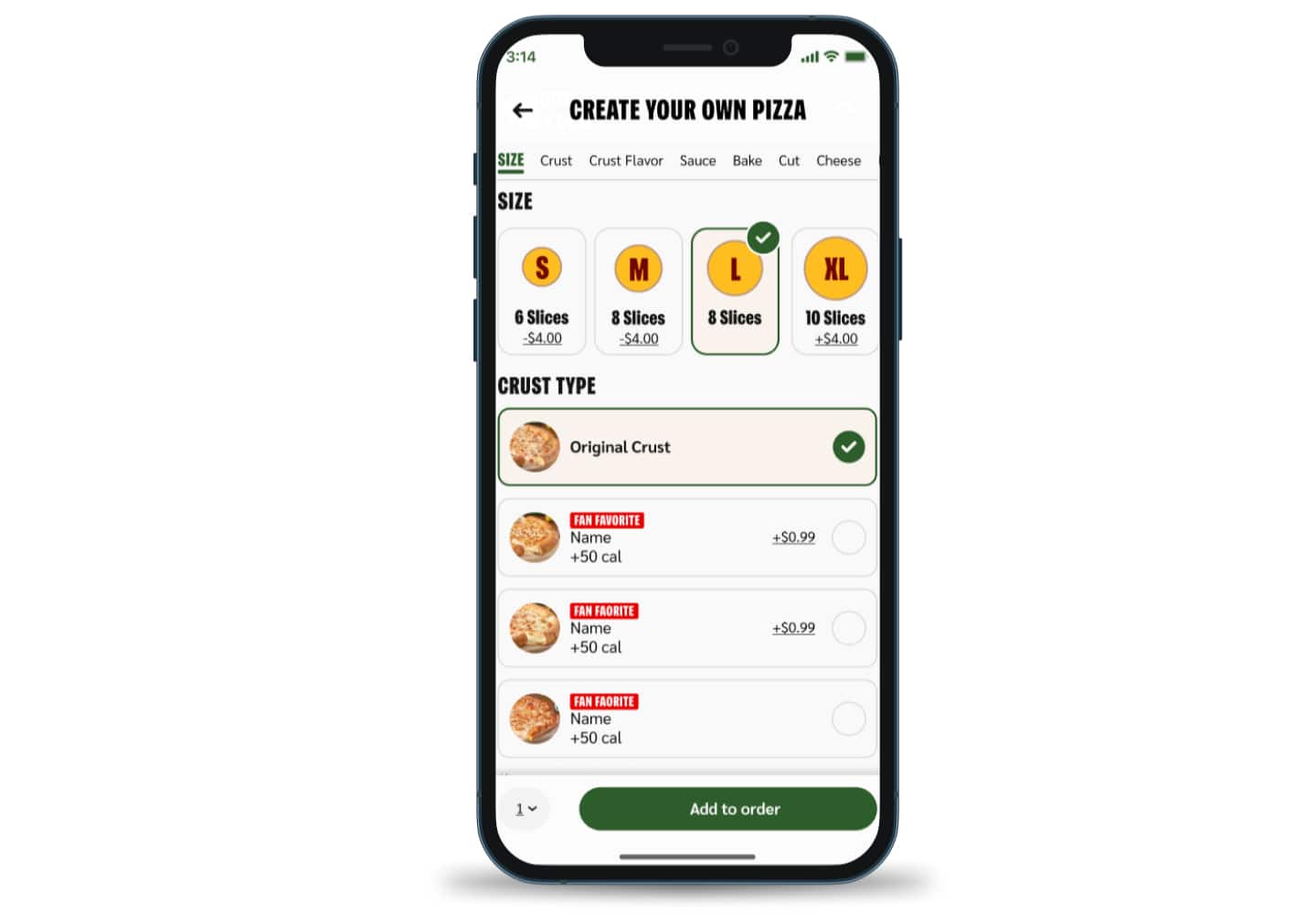 Papa Johns app pizza builder screen