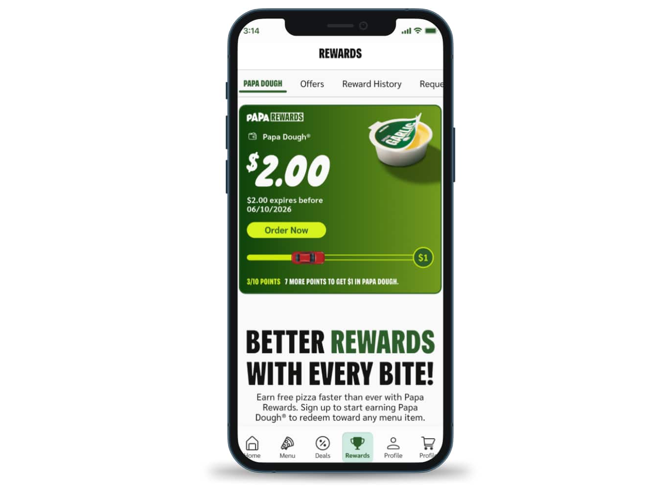 Papa Johns app rewards screen