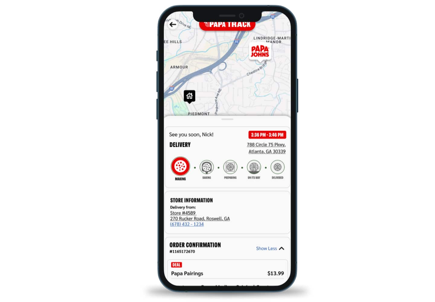 Papa Johns Papa Track order tracking screen