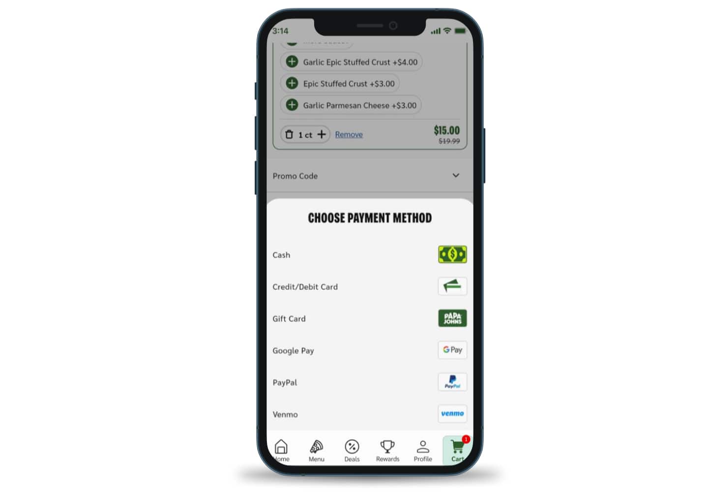 Papa Johns app payment screen